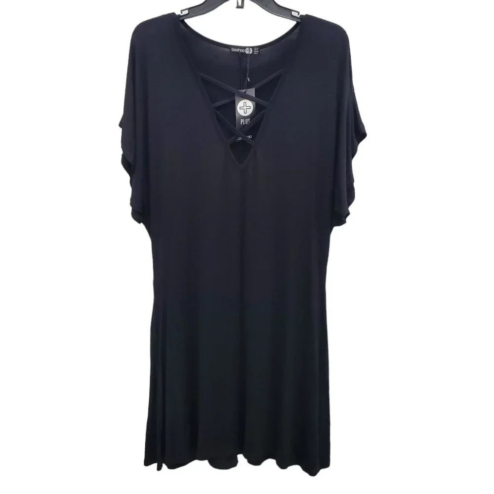 Boohoo Plus Woman's Gothic Black Cage Neck Flutter Sleeve Dress‎ NWT US Size 14